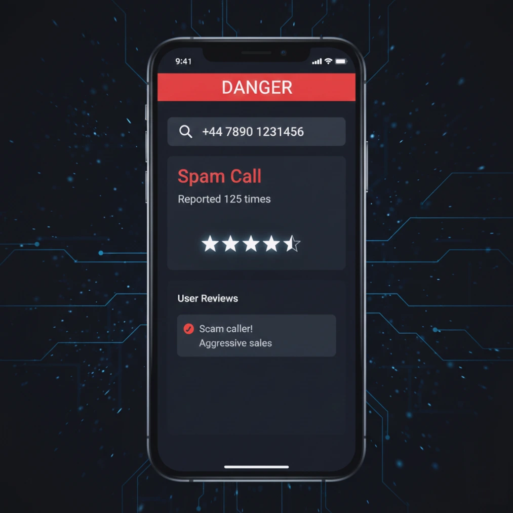 Who called me from this phone number — UK reverse lookup interface showing caller identification and scam warning